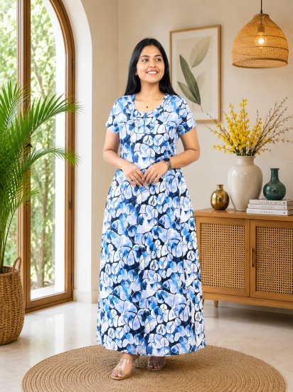 Cotton Printed Frock Nighty – Blue Blossom Comfort Maxi (Style 5212)