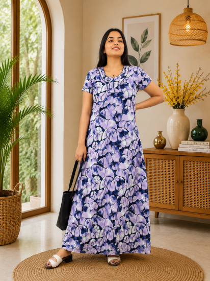 Cotton Printed Frock Nighty – Lavender Bloom Comfort Maxi (Style 5212)