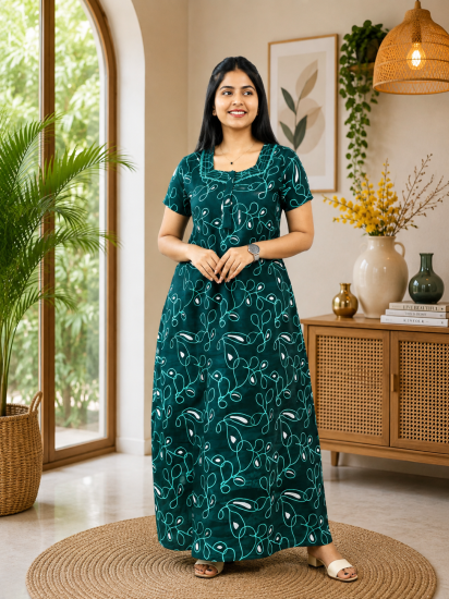 Cotton Printed Frock Nighty – Emerald GreenComfort Maxi (Style 5214)