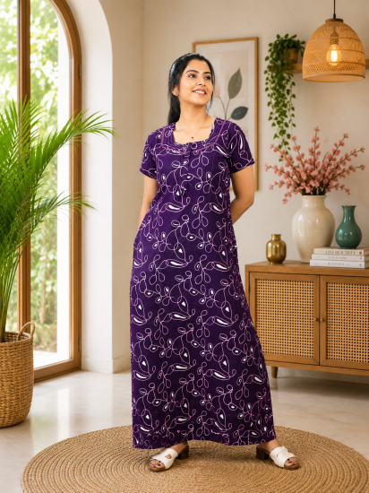 Cotton Printed Frock Nighty – Royal Plum Vine Comfort Maxi (Style 5214)