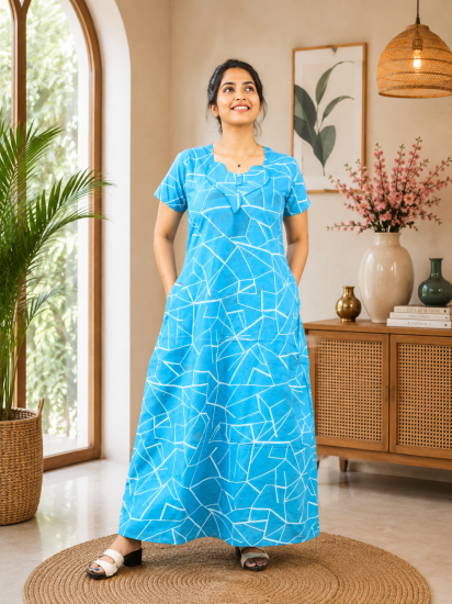 Premium Cotton Printed Frock Nighty – Sky Blue Geometric Comfort Maxi (Style 5216)  