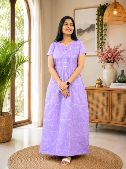 Cotton Printed Frock Nighty – Lavender Geometric Comfort Maxi (Style 5216)