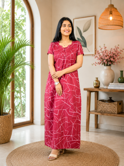 Cotton Printed Frock Nighty – Ruby Red Geometric Comfort Maxi (Style 5216)