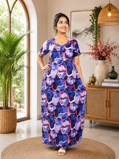 Cotton Printed Frock Nighty – Midnight Bloom Comfort Maxi (Style 5218)