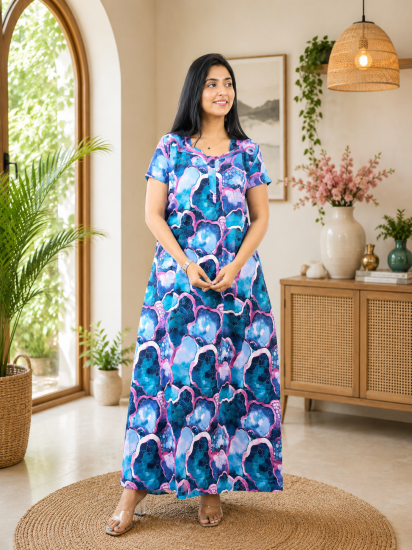 Cotton Printed Frock Nighty – Ocean Bloom Comfort Maxi (Style 5218)
