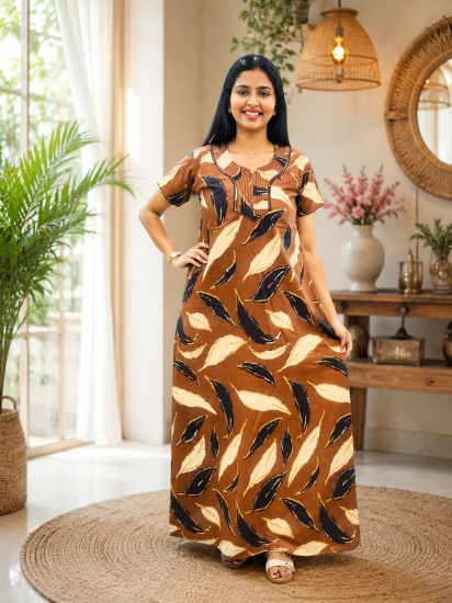 Cotton Printed Frock Nighty – Cocoa Leaf Comfort Maxi (Style 5608)