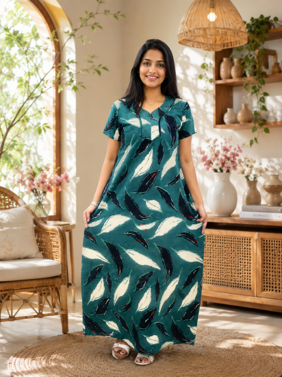 Premium Cotton Printed Frock Nighty – Forest Leaf Comfort Maxi (Style 5608)