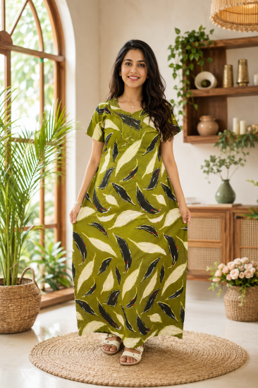 Cotton Printed Frock Nighty – Olive Leaf Comfort Maxi (Style 5608)